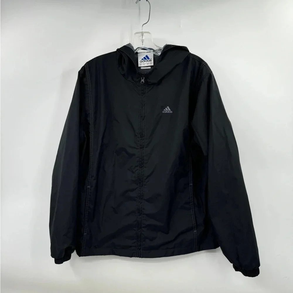 Vintage Adidas Black Windbreaker Jacket Full Zip Hooded Men Size L Back Logo